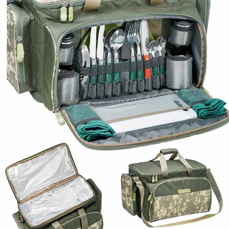 MIVARDI Angler Picknick Tasche mit Camping Geschirr Set Lunchtasche Food Bag Kühltasche