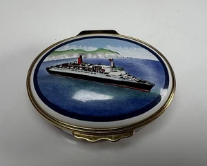 HALCYON DAYS Queen Elizabeth 2 Emaille ovale Schmuckschatulle Ozeandampfer - Bild 1 von 4