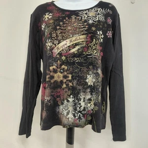 Christopher And Banks Camicia Donna Taglia XL Nera Happy Holiday Albero di Natale   - Foto 1 di 17