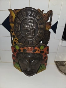Hand Carved Mayan Wood Tribal Mask Warrior Aztec Calendar Artwork - Picture 1 of 9