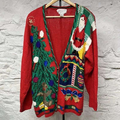 Cárdigan de Navidad informal de esquina tejido a mano suéter feo Santa Jingle Bells Foto 1 de 4