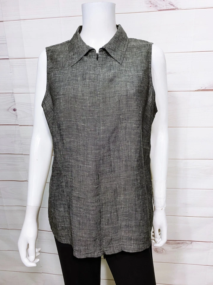 Liz Claiborne Womens Top Size 16 Gray Front Zip Collared Sleeveless 100% Linen — 第 1/4 张图片