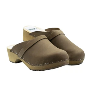 Swedish wooden clogs made of natural nubuck leather and wooden sole with stripe - Picture 1 of 10