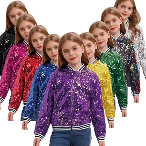 Kids Girls Shiny Sequins Baseball Glitter Disco Tops Zipper Bomber Flight Jacket - Picture 1 of 100