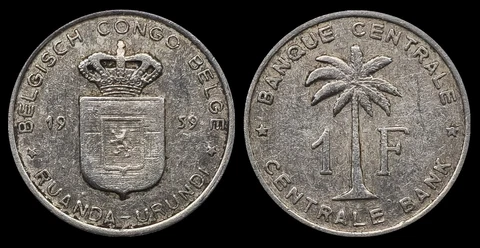 1959 Belgian Congo 1 Franc Coin, Crowned Arms & Palm Tree Cover