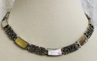 925 MD Sterling Silver Necklace 16" Diamond Cut Marcasite Mother of Pearl 44.3g - Image 1 of 4
