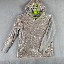 Inc Women Sweater Hoodie XL Gray Sequin Front Long Sleeve Stretch Knit EUC