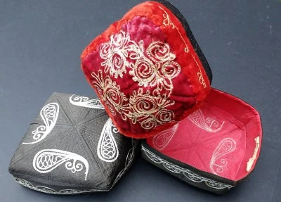 Three Vintage Central Asia Traditional Hats, Caps Embroidered Pattern Ethnic - Image 1 of 4