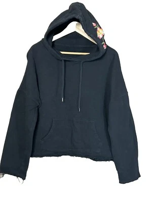 Betsey Johnson Hoodie Women's M Black Semi Cropped Embroidered Floral Oversized - Image 1 of 4