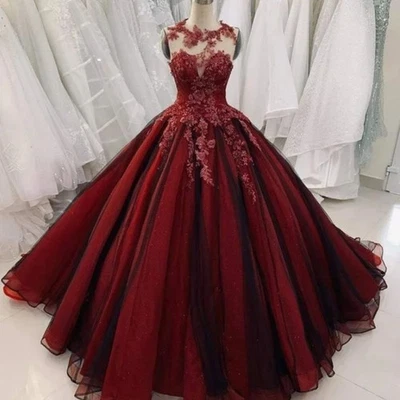 Dark Red And Black Gothic Wedding Dresses Lace Applique Sleeveless Bridal Gowns - Image 1 of 4