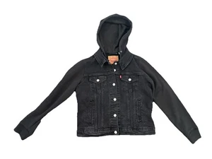 Levis Hybrid Trucker Jean Jacket Hoodie Womens Large Black Denim - Picture 1 of 6