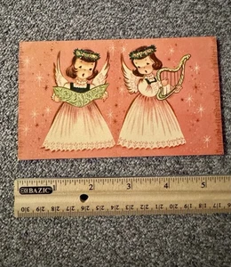 Vintage Christmas Card Two Girls Angels Singing Music Harp - Picture 1 of 3