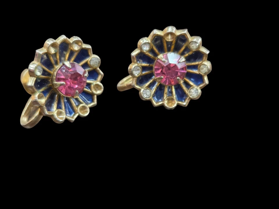 Pendientes Swarovski Swan Firmados Tono Dorado Azul Púrpura Cristal Tornillo Coro Foto 1 de 3