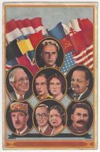 1944 WWII Military Propaganda - FDR, Churchill, Stalin - Allied Flags Postcard - Imagen 1 de 2