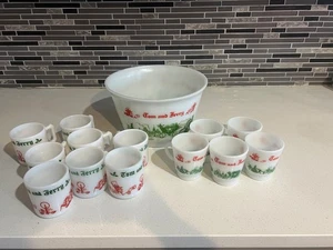 Vintage Tom And Jerry Hazel Atlas Milk Glass Bowl Punch Egg Nog Set 13 Cups - Picture 1 of 5