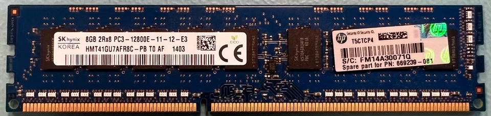 Sk Hynix HMT41GU7AFR8C-PB 8GB DDR3-1600Mhz PC3-12800 ECC UDIMM Server Memory RAM - Image 1 of 1