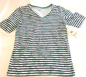 Jones New York Navy Blue Striped Green Floral Short Sleeve Knit Top T-shirt Sz S - Picture 1 of 5