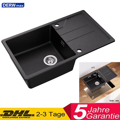 DERW MAX Granitspüle Schwarz Küchenspüle Spülbecken Einbauspüle mit Abtropffläche 78x45cm