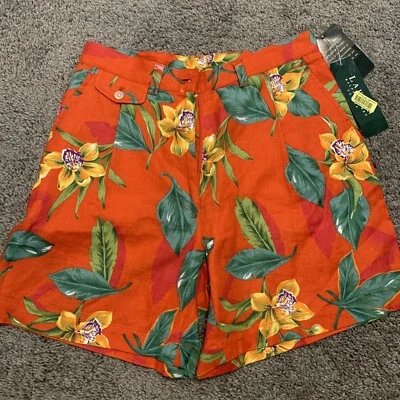 Lauren Ralph Lauren Mid Rise 100% Linen Shorts Orange Floral Button Zip SZ 4P - Image 1 of 4