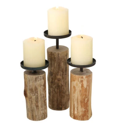 Eukalyptus Kerzenhalter 3er Set - 24 / 19 / 15 cm - Holz Kerzen Ständer rustikal - Bild 1 von 3