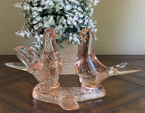 Murano Style Pressed Art Glass 12.5" x 6.5" Love Birds On Branch Peach Bubbles - Picture 1 of 8