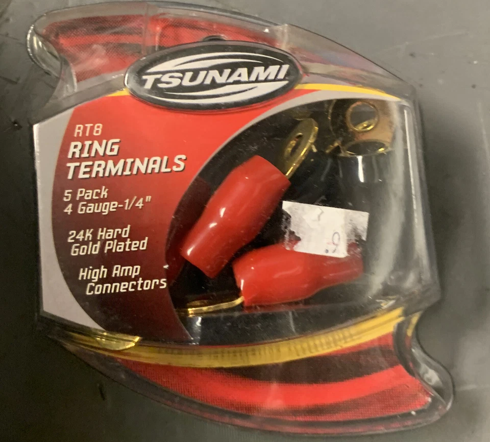 Tsunami RT8 24k Gold Plated 4 Gauge 1/4" Ring Terminal Connectors 5 Pack - Image 1 of 3