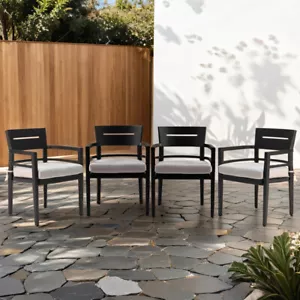 4PCS Outdoor Patio K/D Alloy Dining Chairs W/Fabric Cushions Tapered Feet Black - Picture 1 of 8