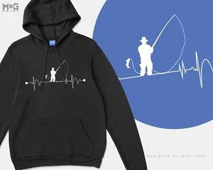 Fishing Heart Pulse Hoodie Funny Fisherman Gift Dad Grandad Fish Angling Jumper - Picture 1 of 7