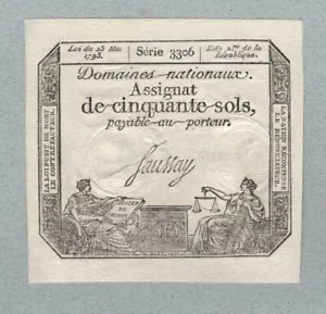 France 50 soles note 1792, A56, cut in the middle, (30) XF-aUNC - Picture 1 of 2