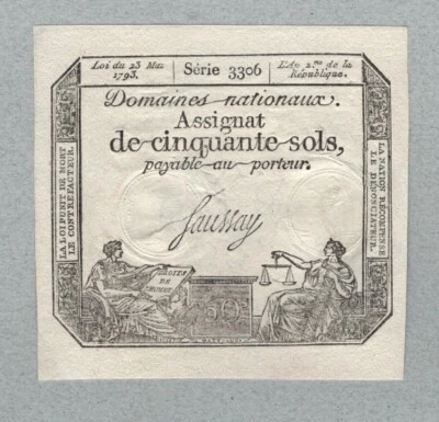 France 50 soles note 1792, A56, cut in the middle, (30) XF-aUNC - Image 1 of 2