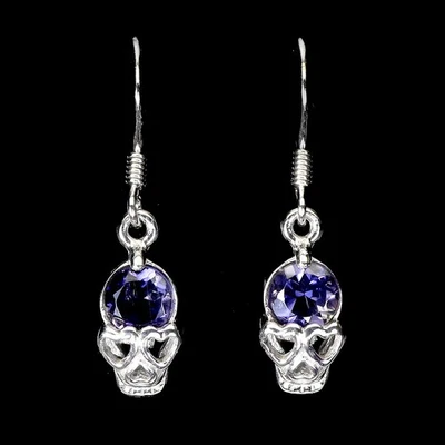925 Sterling Silver Earrings Round Iolite 5mm Skull Natural Gemstone Jewelry - Image 1 of 4