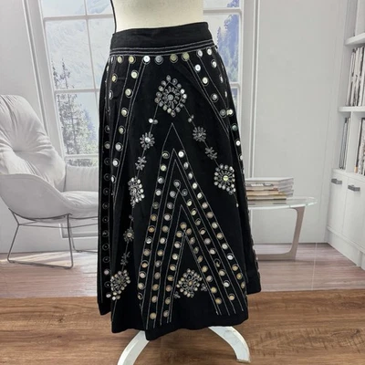 Carole Little Skirt Black Silver Embellished  Sequins Beaded Linen A-Line Sz 12 - Image 1 of 4