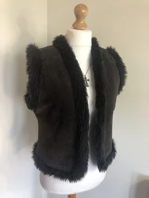 Y2K Size 14 real Suede Leather faux fur trimmed lined boho Afghan waistcoat Vest - Image 1 of 4