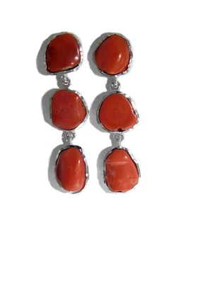 orecchini Pendenti Lunghi iN Argento 925 da DOnna di Corallo rosso pietre natura - Immagine 1 di 2