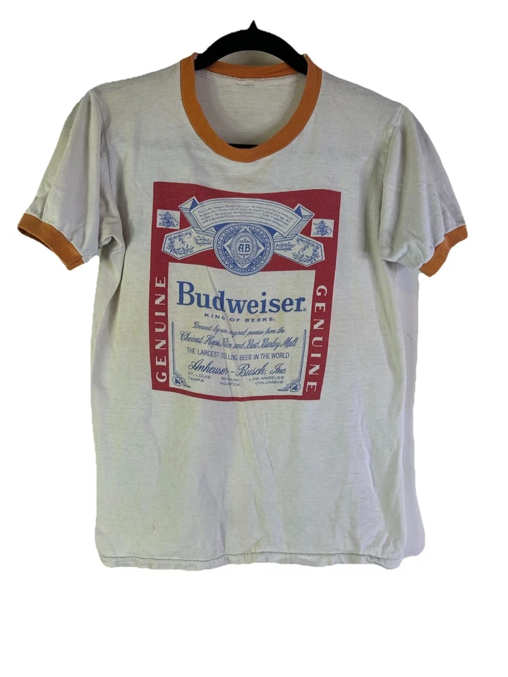 Camiseta vintage años 70 para mujer pequeña Budweiser angustiada timbre bebé Foto 1 de 4