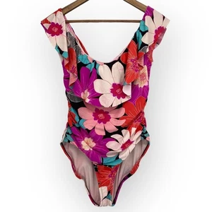 LA BLANCA Floral Off The Shoulder One Piece Swimsuit Size 16 Pink Ruffle Flawed - Picture 1 of 13