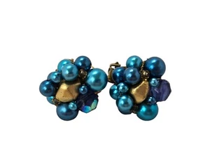 Japan Vintage Metallic Blue Bead Cluster Clip Earrings - Picture 1 of 4