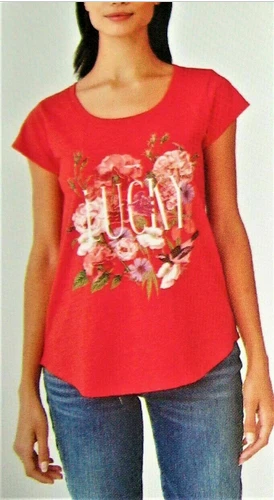 Lucky BRAND Graphic Tee T-shirt Women Ladies Small Flowers Floral Red High Risk