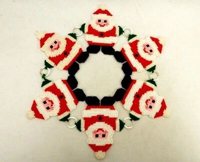 Vintage Needlepoint ChristmasTable Mat, 6-Santa Centerpiece Trivet Wreath - Image 1 of 4