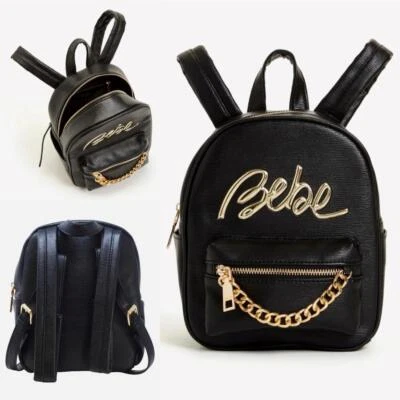 $109 BEBE маленький черный дизайнерский Gianna рюкзак Дамская сумка веганской кожи золото логотип - Изображение 1 из 4