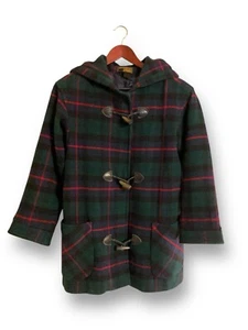 VTG Eddie Bauer Duffle Parka Pea Coat Petite S Blue Green Red Plaid Wool Toggle - Picture 1 of 11