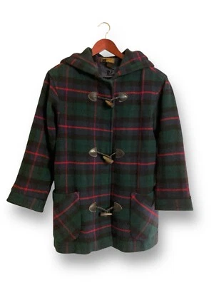 VTG Eddie Bauer Duffle Parka Pea Coat Petite S Blue Green Red Plaid Wool Toggle - Image 1 of 4