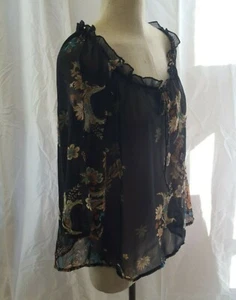 NWT BOHO 70s GYPSY PEASANT STYLE BLOUSE BLACK FLORAL TOP S M LRG - Picture 1 of 8