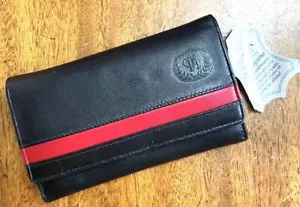 Cartera de cuero negra triple pliegue Chacon para hombre color rojo acento nueva con etiquetas - Imagen 1 de 8