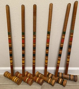 Vintage Croquet Mallet Multicolored Band Wood 24x1” Stick - Picture 1 of 4