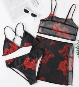 4 Piece Girls Bikini Set with Cover Up Set Dragon Print Red & Black New - Picture 1 of 4