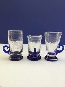THREE COBALT BLUE  ETCHED TURKISH COFFEE/TEA GLASSES W/COBALT HANDLES (set of 3) - Picture 1 of 12