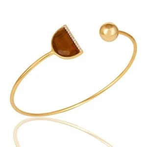 Tiger Eye Gemstone Bangle 18k Gold Plated 925 Silver Gemstone Cuff Bracelet - Picture 1 of 3