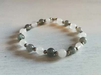 Perlenarmband, Edelsteinarmband, Armband, Edelstahlperlen, Labradorit, Jade - Bild 1 von 4