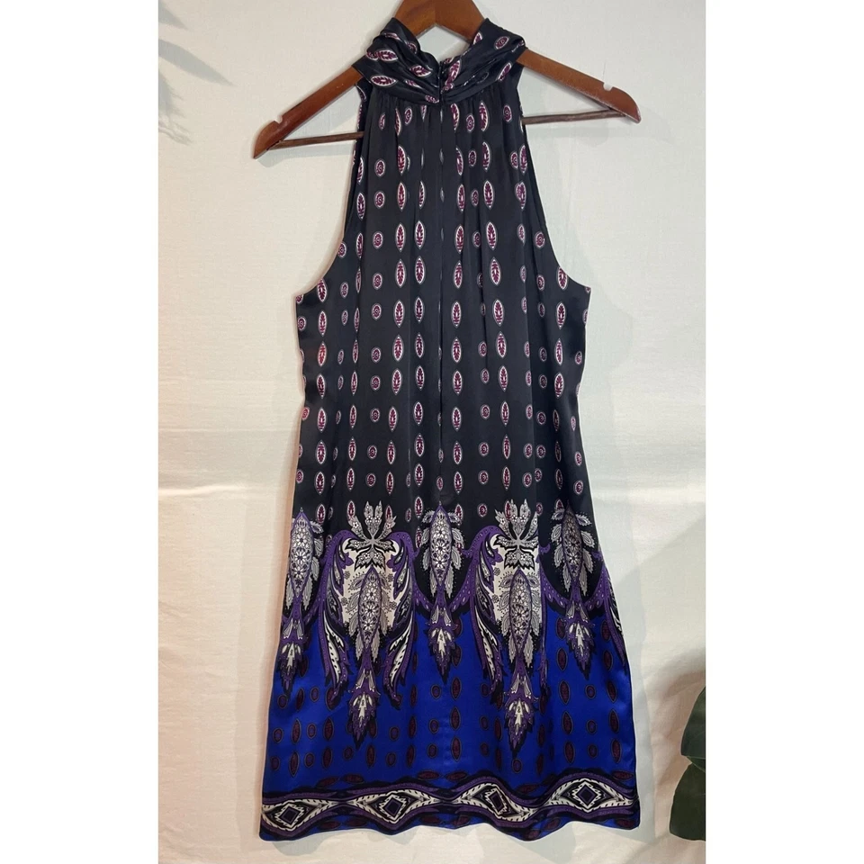 Vestido de seda vintage sin mangas negro y púrpura estampado cachemira cuello halter talla M Foto 1 de 4